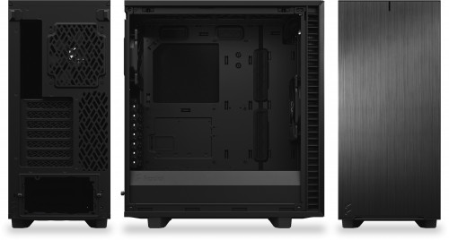 Rear, side (without panel) and front views of the Define 7 Compact